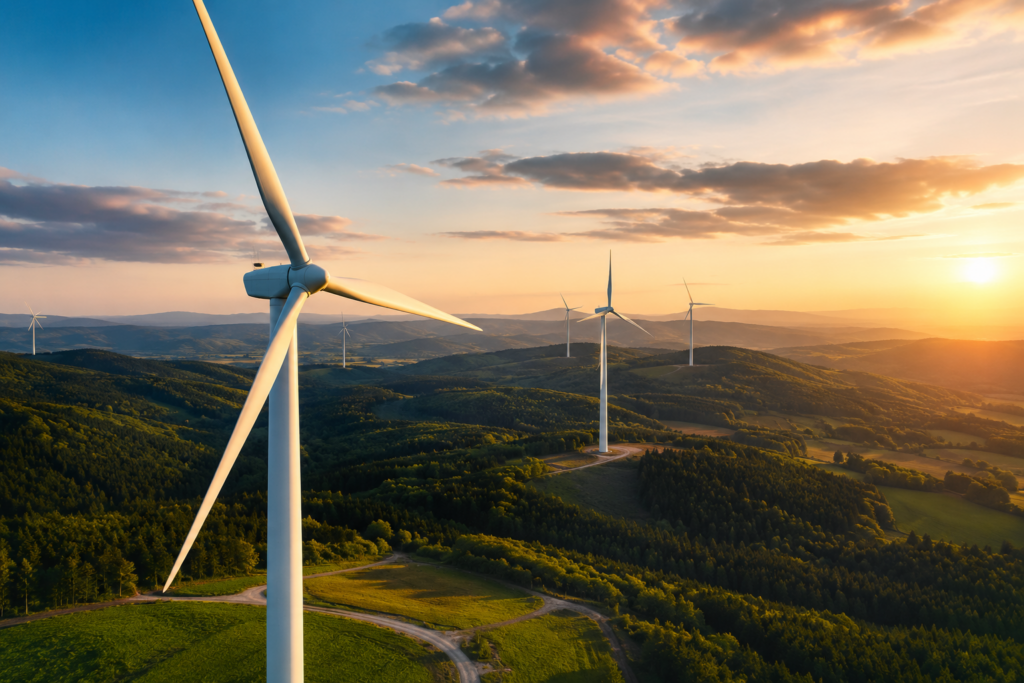 Windenergieanlagen in einer offenen Landschaft