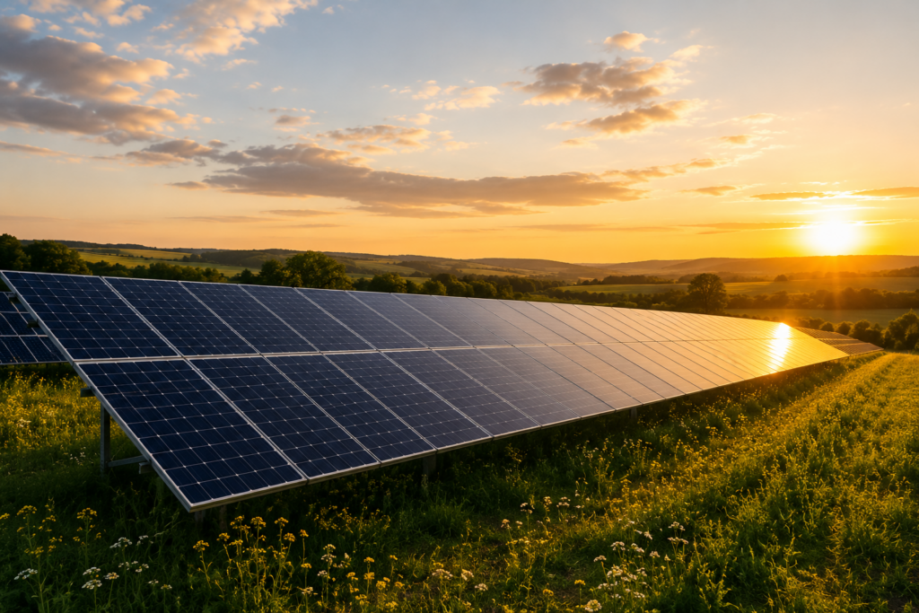 Freiflächen-Photovoltaikanlage im Abendlicht