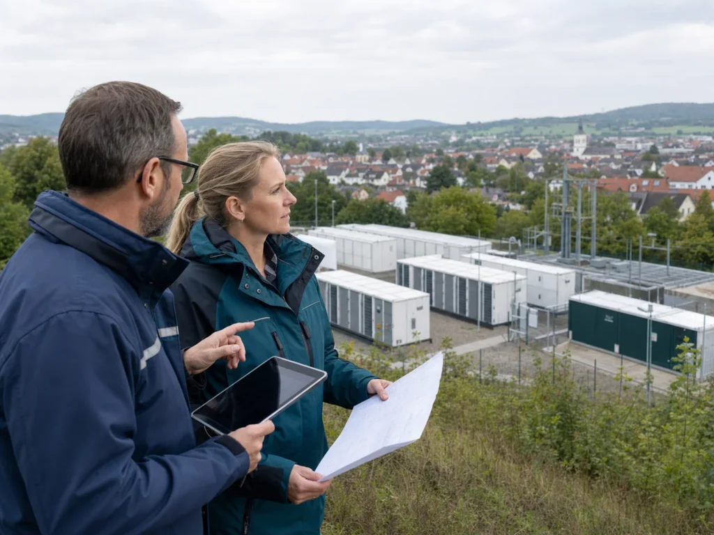 Kommunale Ansprechpartner prüfen einen Batteriespeicherstandort
