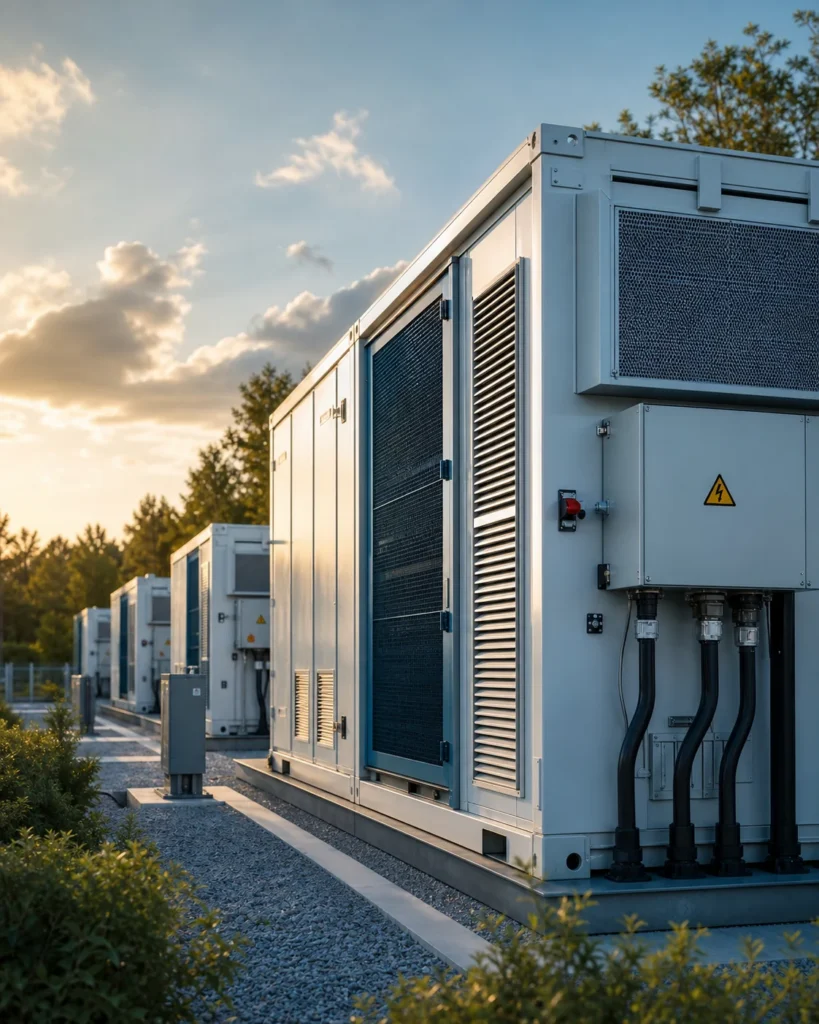 Modulare Batteriespeicheranlage im warmen Abendlicht