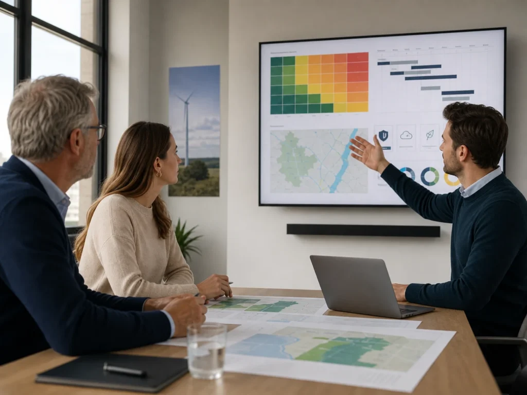 Projektteam bewertet Risiken und Zeitplan eines Energieprojekts