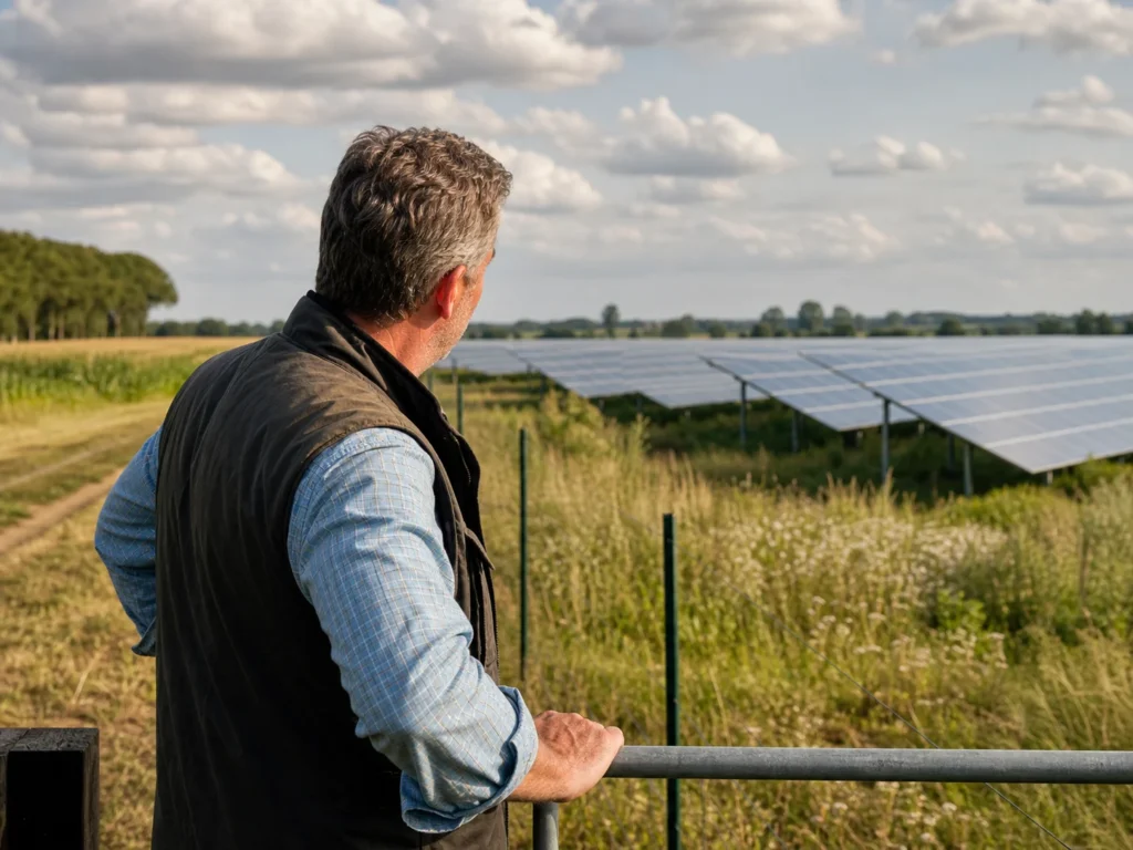 Flächeneigentümer blickt auf eine Photovoltaik-Freiflächenanlage