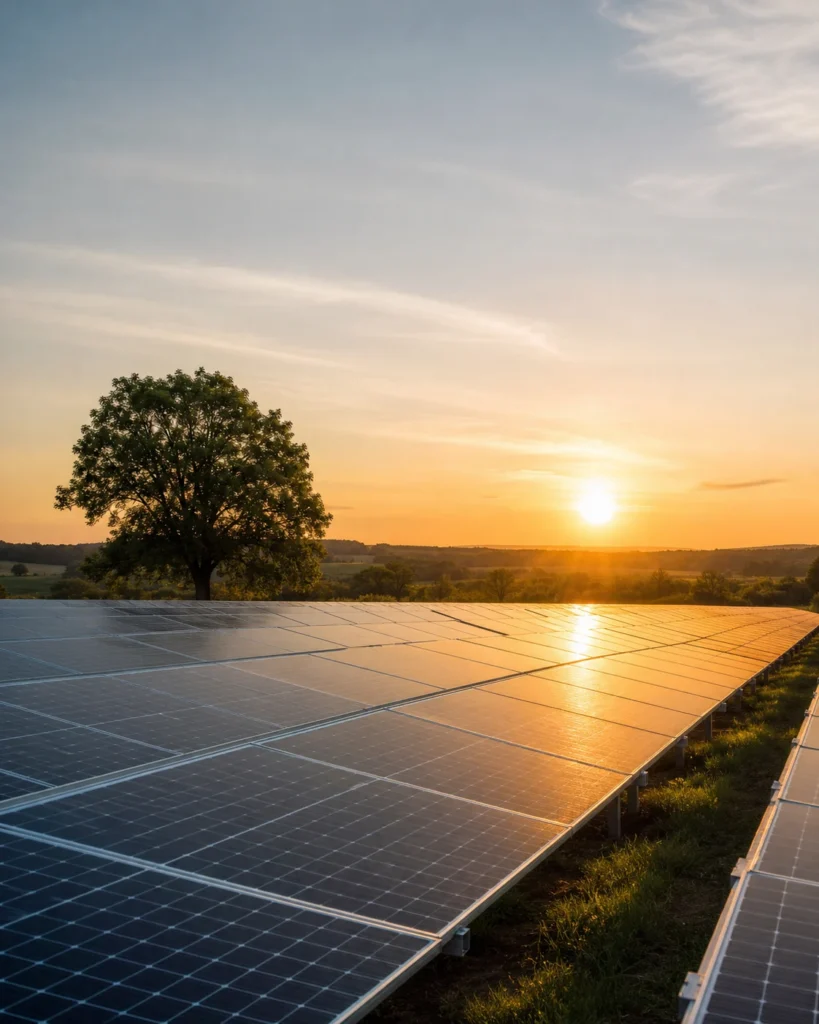 Photovoltaikmodule im warmen Abendlicht als Symbol für eine nachhaltige Energiezukunft