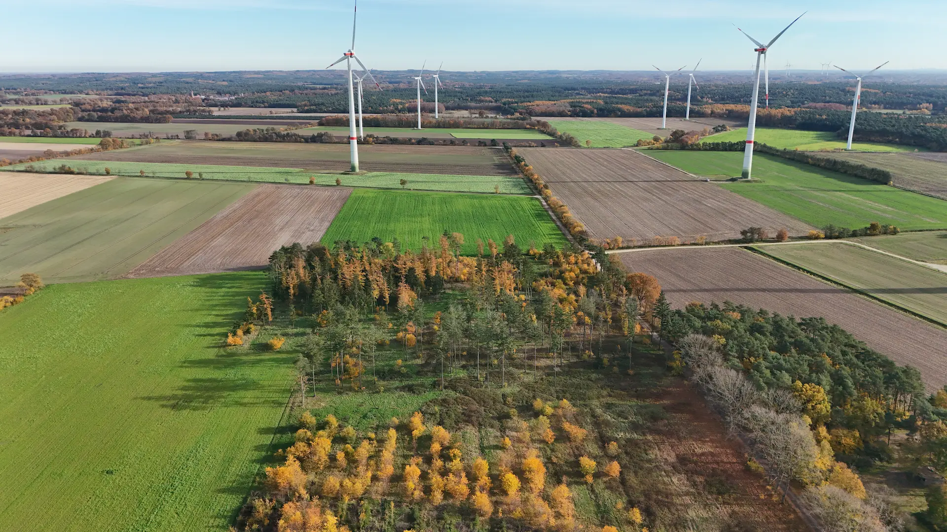 Windenergieanlagen in einer Hügellandschaft